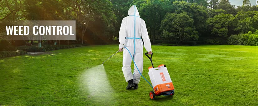 VEVOR 4 Gallon Battery Powered Backpack Sprayer with Wheeled Cart, Adjustable 0-94 PSI, 13FT Hose, 6 Nozzles, 2 Wands Included, Wide Mouth Lid for Weeding, Cleaning, Long Spray Time, White+Orange