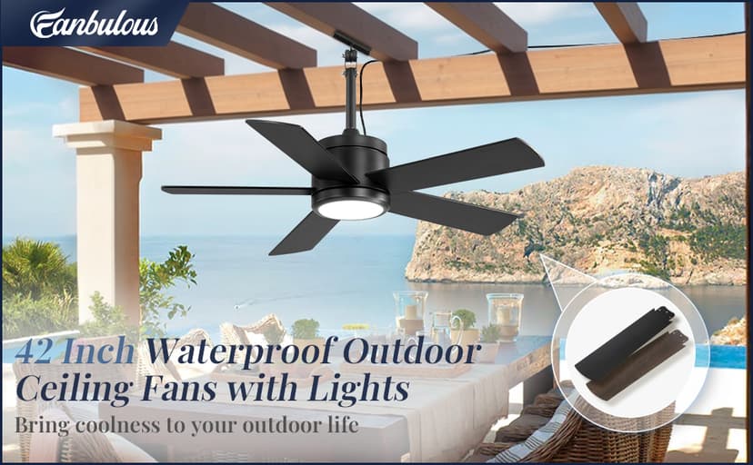 42 In Waterproof Outdoor Ceiling Fan with Light and Remote IP65 Plug in Wet Rated Outdoor Ceiling Fans for Patios Waterproof Gazebo Hanging Fan 3CCT 6 Speed, for Outside Porch Pergola Garage