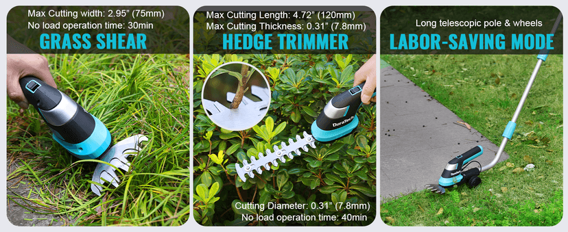 DURATECH Cordless Hedge Trimmer, 7.2V 3-in-1 Handheld Electric Grass Trimmer & Hedge Shears with 50" Wheeled Extension Pole, USB Type-C Cable and Built-in Li-ion Battery, for Garden, Yard and Lawn