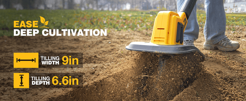 Alloyman 20V Cordless Tiller Cultivator, 360RPM Electric Garden Tiller, with 2 * 2.0Ah Batteries & Charger, 9In Tilling Width and 6.6In Depth Garden Rototiller for Lawn/Gardening/Soil Cultivation