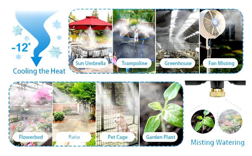 Misting Systems, Misters for Outside Patio, 100FT Misting Cooling System+30 Brass Mister System+2 PE Antioxidant Adapters 3/4"+2 Tee Adapters+2 90 Degree Elbows for Pasture, Garden, Greenhouse, Gazebo