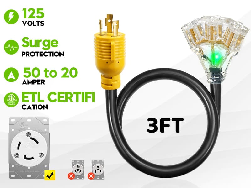 30 Amp to 110 Generator Adapter Cord, NEMA L5-30P Male to 3X 5-15R/5-20R Female Generator Distribution Adapter 3 Prong 30 Amp to 15 Amp/20Amp with Lighted Power Indicator,STW 10 AGW 3FT