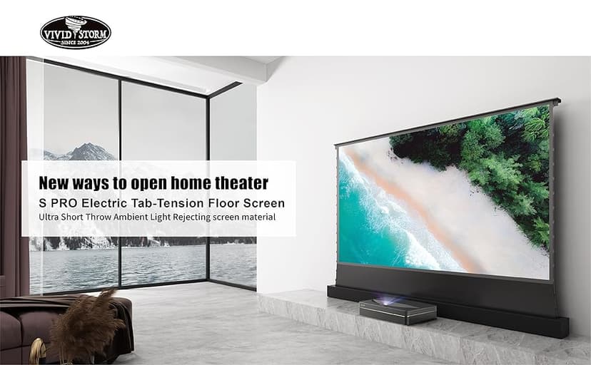 VIVIDSTORM Motorized Floor Rising UST ALR Projector Screen for Home Theater, Tensioned Wrinkle-Free Surface, Smart App and Voice Control, No Wall Mount Needed,VSDSTUST120H