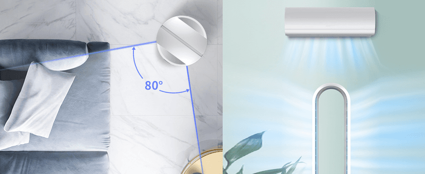 Bladeless Heater and Fan Combo, 1400 Watt Heater Fan and 40 Watt Cold Fan, 80° Oscillating Fan, All the Season Use, Remote and Touch Control, Floor Tower fan, Office Room, Bedroom, Blue White