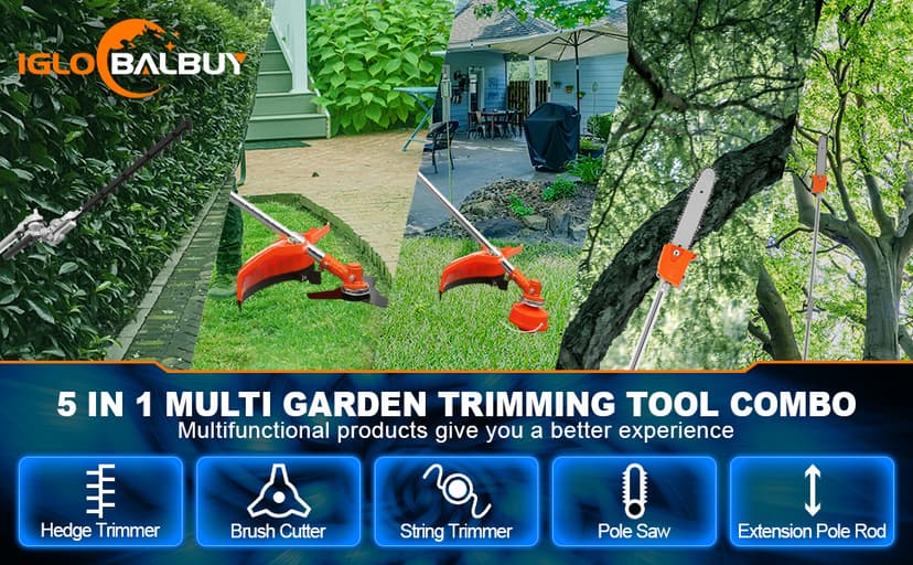 Iglobalbuy 52cc 2-Stroke 5 in 1 Garden Hedge Trimmer Combo, Gas Powered Long Reach Pole Saw Grass String Trimmer Brush Tree Cutter Pruner Weed Eater Multi Functional Garden Trimming Tools
