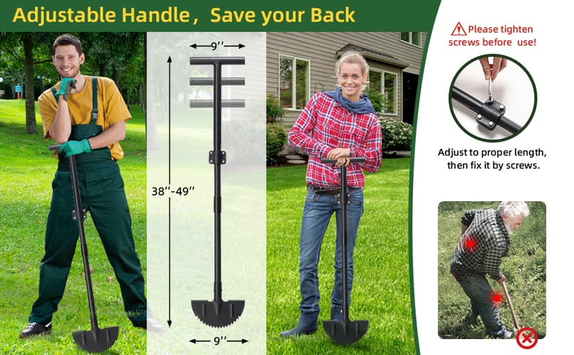 Half Moon Edger Lawn Tool - Heavy Duty Saw Tooth Manual Edgers with Sharp Blade & Wide Footplate, 38"-49" Adjustable T-Grip Handle for Landscaping, Sidewalks, Yard,Grass,Flower Bed & Garden Edging