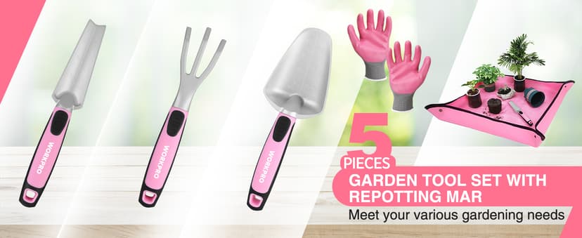 WORKPRO 5PCS Garden Tool Set, Powder Coating Compact Aluminum Gardening Tool Set with Repotting Mat, Outdoor Garden Hand Tools, Ideal Gardening Gift, Pink
