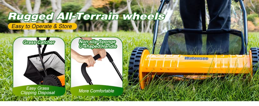 Walensee 16-Inch 5-Blade Push Reel Lawn Mower, Cordless Manual Reel Lawn Mower Walk-Behind Steel Lawn Mowers with Removable 7.9-Gallon Grass Catcher, Sponge Grip, 4-Position Cutting Height Adjustment