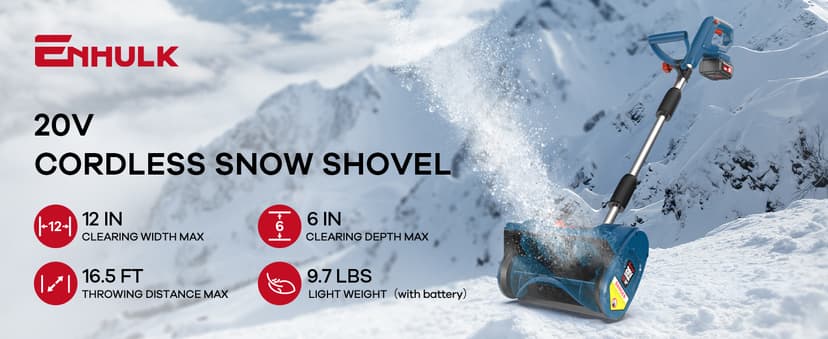 Eletric Snow Shovel, 20V | 12-Inch | 4-Ah Cordless Snow Blower, Battery Powered Snow Blower with Directional Plate & Adjustable Front Handle (4-Ah Battery & Quick Charger Included)