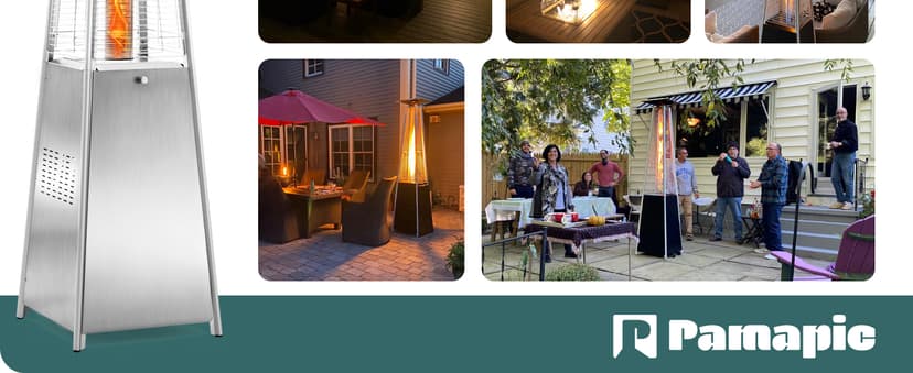 Pamapic Patio Heater, 48,000 BTU Pyramid Flame Patio Outdoor Heater with Cover, Quartz Glass Tube Stainless Steel Propane Heater with Wheels (Stainless Steel Color)