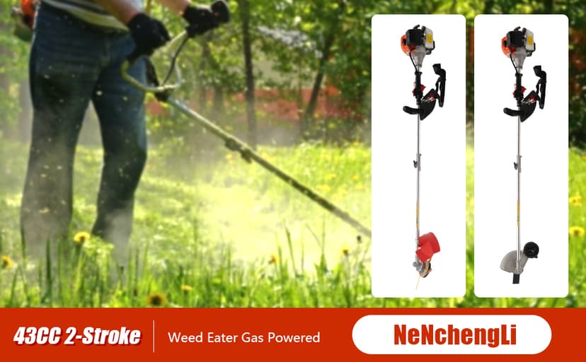 Weed Eater Gas Powered Weed Gas Edger 43CC 2 Blade Heads, Air-Cooled 2-Stroke Cordless Lawn Edger Gas Powered Weed String Trimmer with Handle & Shoulder Strap for Garden Lawn Grass Trimmer