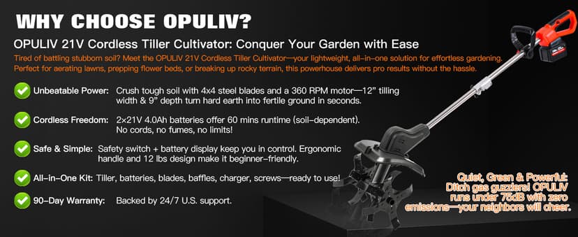 21V Cordless 2-in-1 Tiller & Weed Whacker Combo | 12"x9" Rototiller, 4x4 Blades & 8" Trimmer - 2×21v Battery, 360 RPM for Gardening, Garden Tiller, Electric Tiller, Cultivators for Gardening