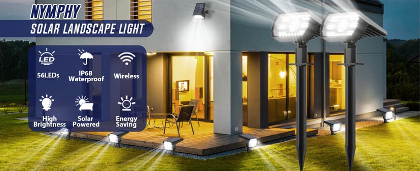 NYMPHY Solar Lights Outdoor Waterproof IP68, 56 LED 3 Lighting Modes Solar Powered Garden Yard Spot Solar Lights for Outside Landscape- 4 Pack (Cool White)
