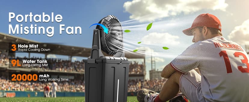 Ausic Portable Misting Fan - 9L Bucket, 10-inch Outdoor Fans for Patios/Camping/Beach/Golf etc., 20000mAh USB Rechargeable Battery Powered Floor Water Cooling Fan, 3 Strong Winds, 3 Spray Mister