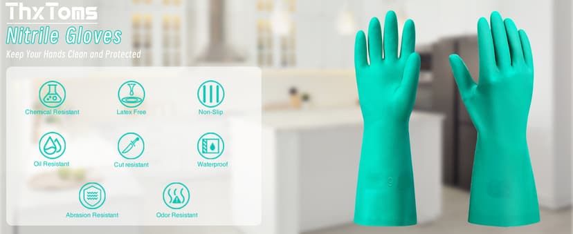 ThxToms Chemical Resistant Nitrile Gloves, Resist Household Acid, Alkali, Solvent and Oil, Latex Rubber Free, 1 Pair Large