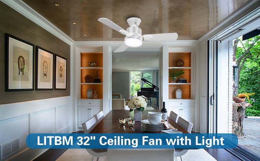 32" Ceiling Fans with Light and Remote, Energy Saving Super Quiet 6-Speed Ceiling Fan with 3CCT Dimmable Light for Indoor and Outdoor, Reversible, White and Wood