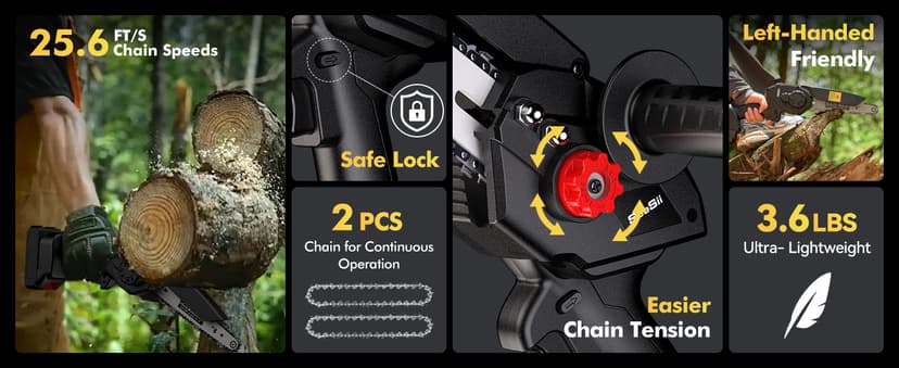 Seesii Mini Chainsaw 8 inch DL07, Electric Chainsaw Cordless, Upgraded Brushless Chain saw with Auto Oiler, 2pcs 2000mAh Batteries, Battery Powered Saws Handheld Chain Saw for Tree Branch Wood Cutting