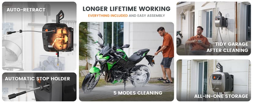 Giraffe Tools Grandfalls Pressure Washer G20 Pro, 2500 PSI 2.2 GPM, Wall Mounted Power Washer with 65FT Hose Reel, Ultra-Soft Pressure Hoses, 4 Nozzles for Floor/Cars/Fences/Patios, Dark Silver