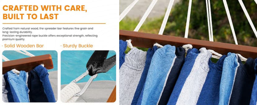 Lazy Daze Hammocks Cotton Fabric Spreader Bar Hammock, Outdoor Portable Hammock with Carrying Bag & Tree Straps for Bedroom, Patio, Backyard, Balcony, Max 450lbs Capacity, Blue