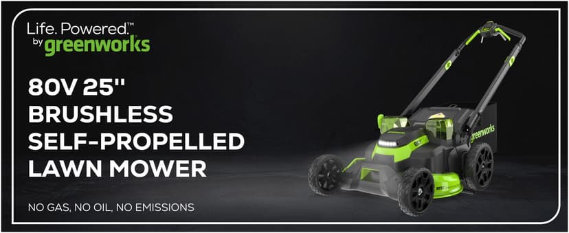 Greenworks 80V 25" Brushless Cordless (Self-Propelled) Dual Blade Lawn Mower (LED Headlight + Aluminum Handles), 4.0Ah Battery and Rapid Charger Included