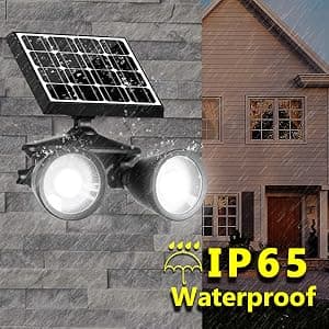 Solar Spotlight Outdoor Upgraded, Stay On All Night, 5000mAh LED Security Light Solar Powered, Exclusive Optical Solar Projector Light Auto On/Off Waterproof for Flag/Yard/House/Garden 2-Pack