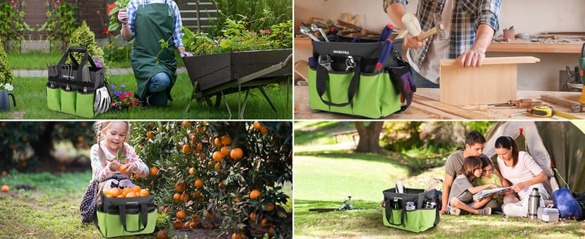WORKPRO Garden Tool Bag Organizer, Heavy Duty Gardening Tote Bag with 10 Pockets and Long Adjustable Shoulder Strap, Standable Garden Home Tool Kits Organizer, Green