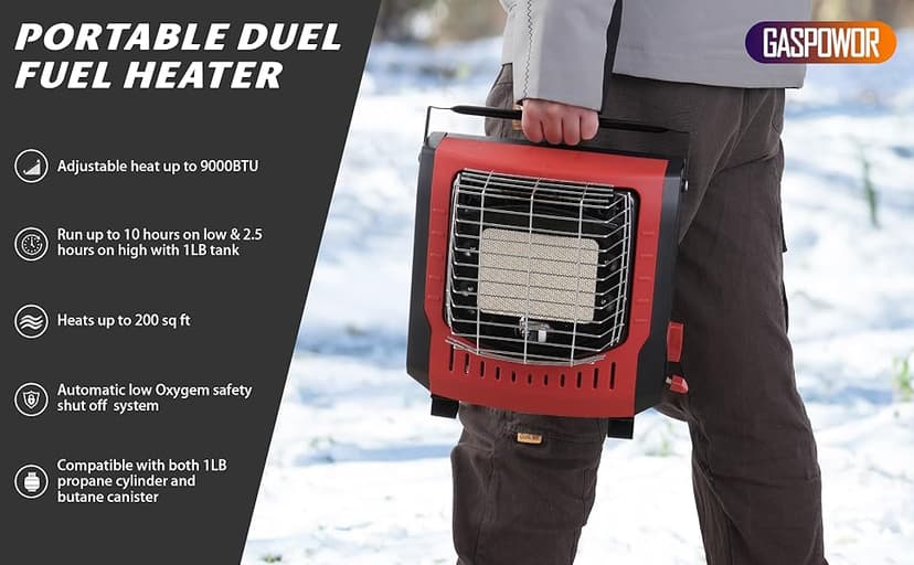 Dual Fuel Portable Outdoor Heater with self ignition, Fuel by Butane/Propane, 9000BTU, Tip-over|Low-Oxygen Safety Shutoff, Portable Camping Heater for Tents, Patio,Camping,Hiking,RV,Hunting