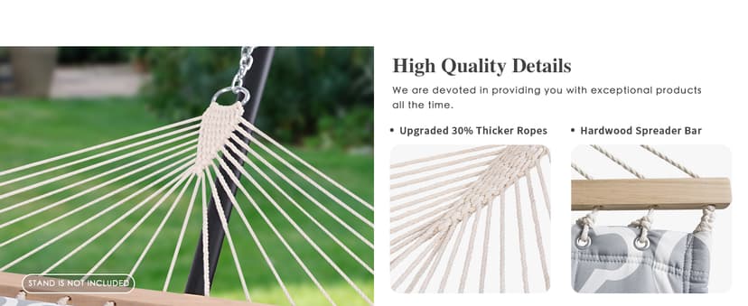 SUNCREAT Double Quilted Hammock with Hardwood Spreader Bar, Extra Large Soft Pillow, Heavy Duty 2 Person Hammock for Indoor, Outdoor, Grey Pattern