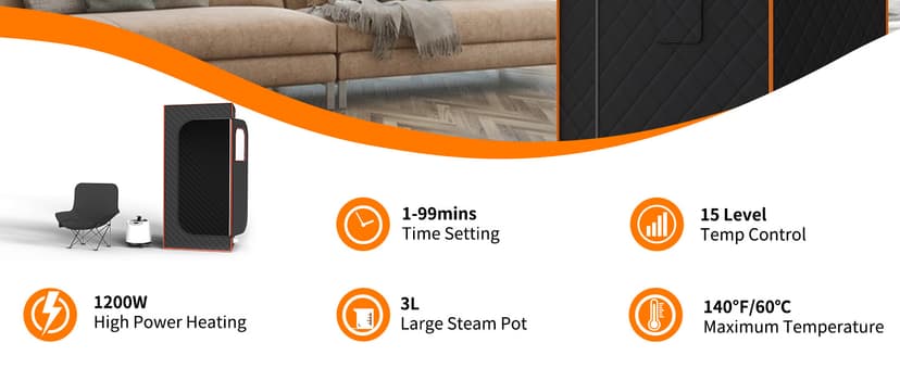 Portable Sauna for Home, Sauna Box Sauna Tent with 3L Steamer, Remote Control, Folding Chair and Foot Pad, Full Size Personal Steam Saunas for Home Spa, 15 Levels, Orange