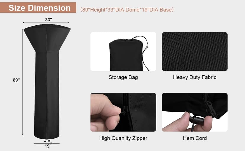 Vailge Patio Heater Covers with Zipper and Storage Bag,Heavy Duty 600D Oxford Waterproof Outdoor Heater Cover Wind-Resistant Dustproof UV-Resistant,Black,89'' Height x 33" Dome x 19" Base