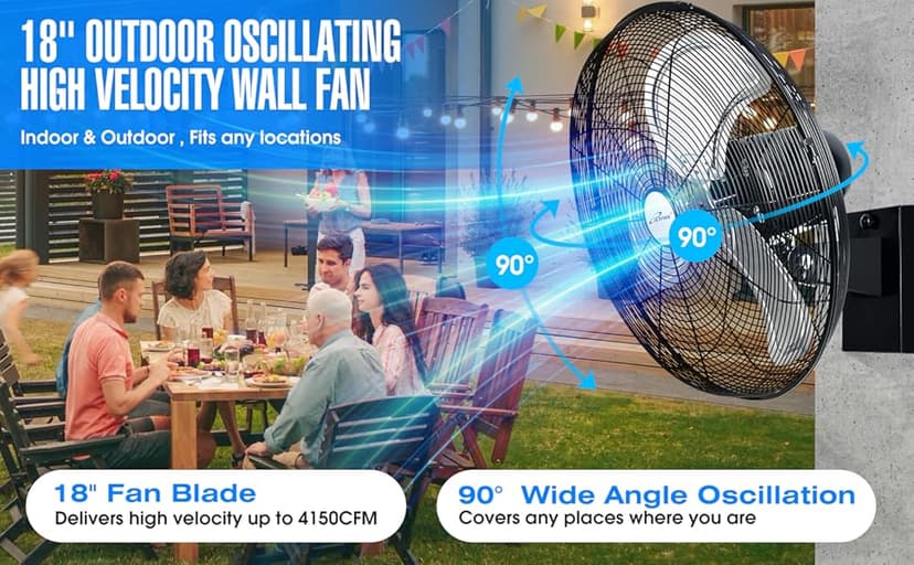 iLiving 18" Outdoor Oscillating High Velocity Wall Fan with 4150 CFM Heavy Duty Weatherproof Motor, Variable Speed Adjustment for Workshop, Garage, Patios, Commercial and industrial, 18 inch,Black