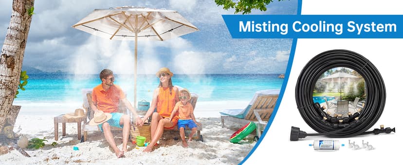 Misting Cooling System for Outdoor Patio & Garden - Brass Nozzles, UV-Resistant Tubing, DIY Installation - Water-Saving Backyard Mister for Greenhouse, Trampoline, Pool, BBQ Parties (50FT / 15M)