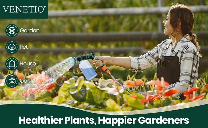 VENETIO 8-Dial Hose End Sprayer for Liquid Fertilizer/Soap | Precision Lawn, Yard & Garden Feeder with 16oz Bottle for Uniform Fertilizing and Watering Plants | Car, Dog Wash Hose Attachment Nozzle