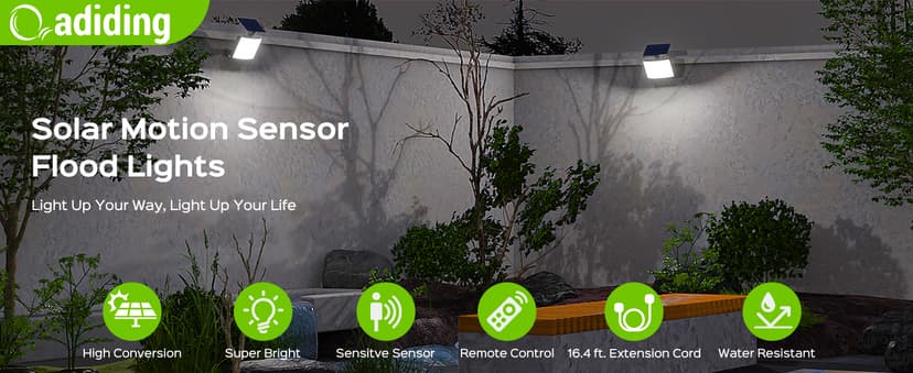 Adiding Solar Outdoor Lights, 3500LM LED Flood Lights with 16.4 Ft Cable, Remote Control Solar Motion Sensor Lights with 3 Modes, Solar Powered Security Lights for Outside Patio, Yard, Garage, 2 Pack