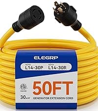 ELEGRP 30 Amp Generator Extension Cord 50 Feet, 4-Prong NEMA L14-30P to L14-30R, 120/250V Up to 75000W, 10 Gauge Heavy Duty SJTW Locking Power Cord for Portable Generators, Home Backup, ETL Listed