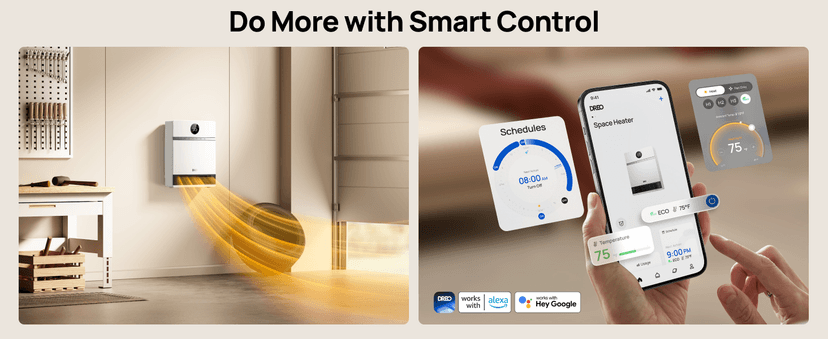 Dreo Smart Wall Heater, IP24 Electric PTC Space for Indoor Use, 30 Oscillation, Adjustable Thermostat, Remote Control, Works With Alexa, 24H Timer, Easy-Mounted for Bedroom, Office