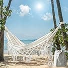 Hammock Brazilian Double Hammocks Soft Comfortable Fabric Cotton Canvas Hanging Portable Two Person Hammock Boho Fringe Large for Adults Backyard Travel
