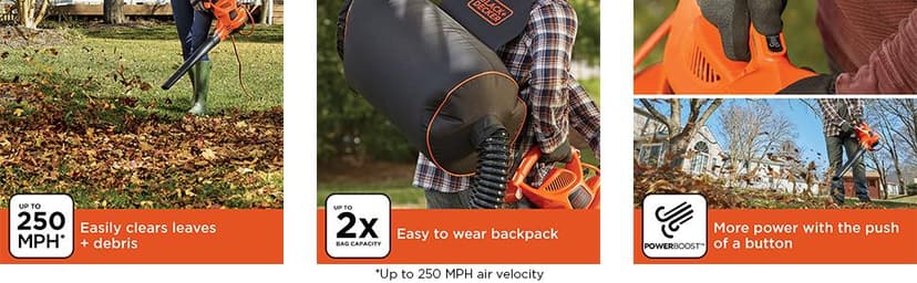BLACK+DECKER Electric Leaf Blower, Leaf Vacuum and Mulcher 3 in 1, 250 mph Airflow, 400 cfm Delivery Power, Reusable Bag Included, Corded (BEBL7000)