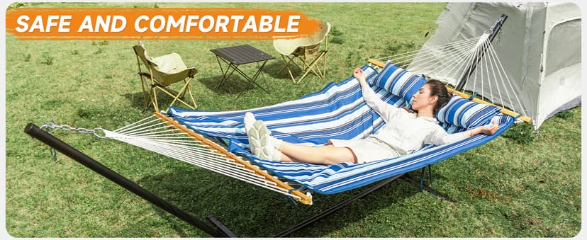 Double Hammock with Stand, 2 Person Cotton Rope Hammock with Removable Polyester Pad, 500LBS Capacity, Portable & Adjustable Design, Includes Storage Bag, Indoor Outdoor Use,White-Gray