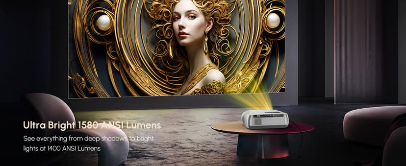 Ultra HD 4K Movie Projector for Home Theater, High Bright 1580 ANSI Lumens Smart Daytime Projector with Max 300" Display, HDR10+ Daylight NFC WiFi6 Bluetooth RJ45 LAN 2G+32G Gaming Projector
