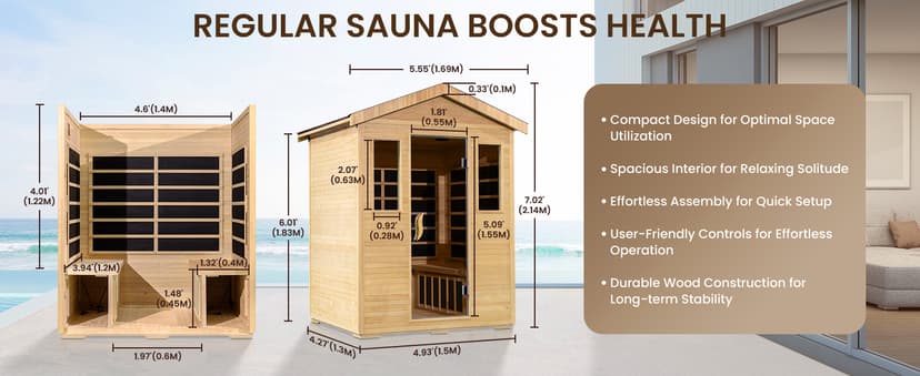 3300W 30A 110V Outdoor Wooden Low EMF Far Infrared Sauna with Bluetooth Speakers, LED Lamp, LCD Control Panel, Tempered Glass Door, 7 Colors Lighting 4 Person, 84.24"x66.6"x51.24"