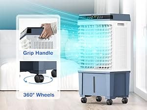 Air Choice Swamp Cooler, 1800 CFM Portable Evaporative Air Cooler with 6 Ice Box & 5.3 Gal Water Tank, 110° Swing, 3 Speeds, Upgraded Remote, 12H Timer, 3-in-1 Air Cooling Fan for Outdoor Indoor, Blue