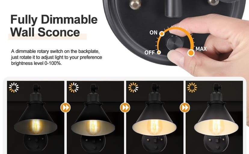 TRLIFE Wall Sconce Plug in, Dimmable Wall Sconce Wall Lights with Plug in Cord and Dimmer On/Off Knob Switch, Swing Arm Wall Light for Bedside Bedroom Stairway Living Room(1 Pack, 1 Bulb Included)