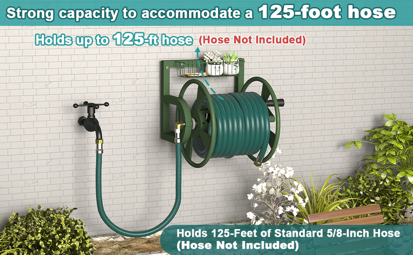 Garden Wall Mounted Hose Reel, Outdoor Heavy-Duty Water Hose Holder Winder, Holds 125 Feet of 5/8-Inch Hose, with 3.9 ft Leader Hose, Brass Fitting and Storage Basket for Yard, Green