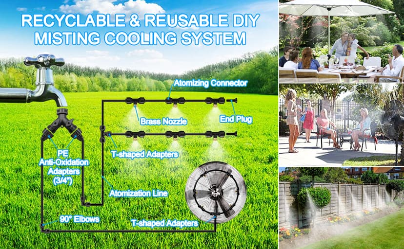 Misting Systems, Misters for Outside Patio, 100FT Misting Cooling System+30 Brass Mister System+2 PE Antioxidant Adapters 3/4"+2 Tee Adapters+2 90 Degree Elbows for Pasture, Garden, Greenhouse, Gazebo