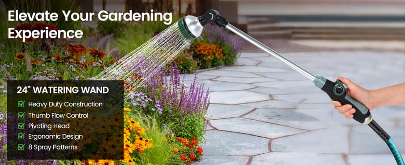 Watering Wand for Garden Hose, 24 Inch, 8 Spray Patterns, Garden Hose Nozzle with Thumb Flow Control, Adjustable Water Sprayer with Pivoting Head, Ideal for Hanging Baskets and Shrubs