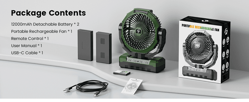 FRIZCOL 3-in-1 Camping Fan - Portable Fans Rechargeable - 24000mAh 9-Inch Battery Powered Fan(140Hrs) with Light & Remote for Indoor, Outdoor, Tent, Travel, BBQ, Fishing, Jobsite - Green