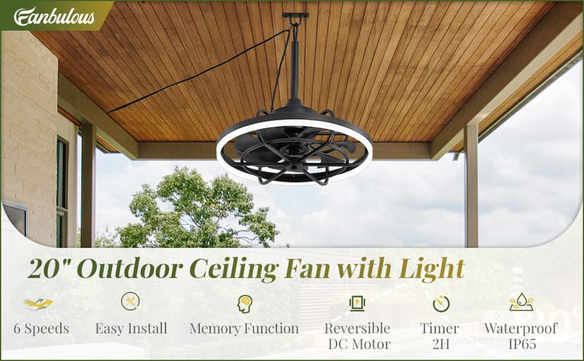 Outdoor Ceiling Fans with Light for Patios, 20" Weatherproof Plug in Ceiling Fan, Gazebo Fan Remote&APP Control, 3CCT Dimmable,Caged Ceiling Fan with Hanging Hook for Porch, Pergola,Canopy