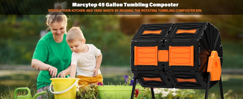 Compost Tumbler, Easy Assemble & Efficient Outdoor Compost Bin, 45 Gallon/170 Liter Large Dual Chamber Rotating Composter for Garden, Kitchen, and Yard Waste, Orange Door