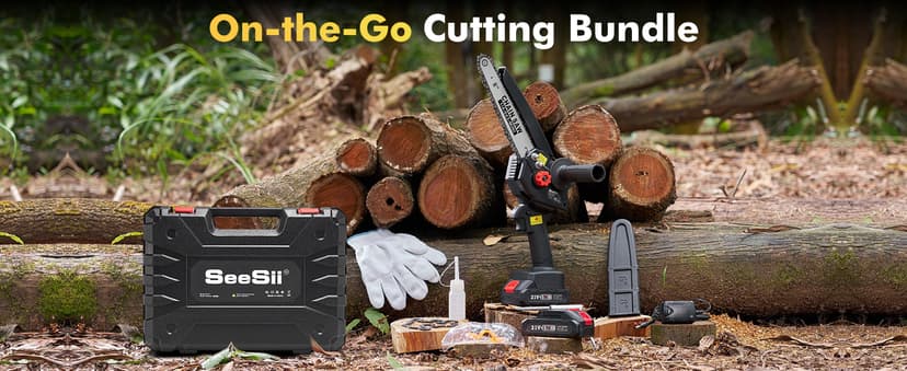 Seesii Mini Chainsaw 8 inch DL07, Electric Chainsaw Cordless, Upgraded Brushless Chain saw with Auto Oiler, 2pcs 2000mAh Batteries, Battery Powered Saws Handheld Chain Saw for Tree Branch Wood Cutting